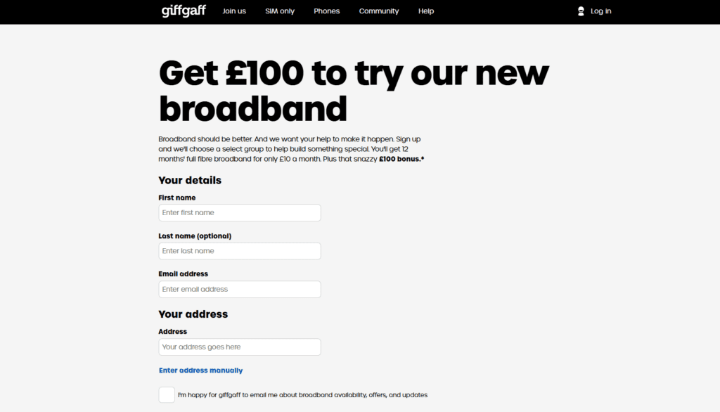 GiffGaff home broadband registration